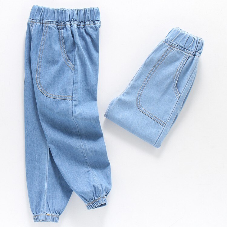 Bebis pojkar kläder cowboy jean byxor sommar mjuka denim harem byxor resår midja enfärgad sport pojkar kläder outfit kläder