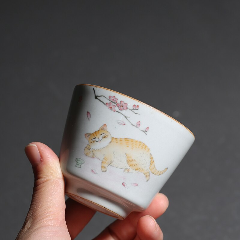 100ml Hand Painted Cat Teacup Ceramic Pottery Cup Chinese Kung Fu Master Cup Tea Bowl Household Tea Cups Drinkware Teaware Decor