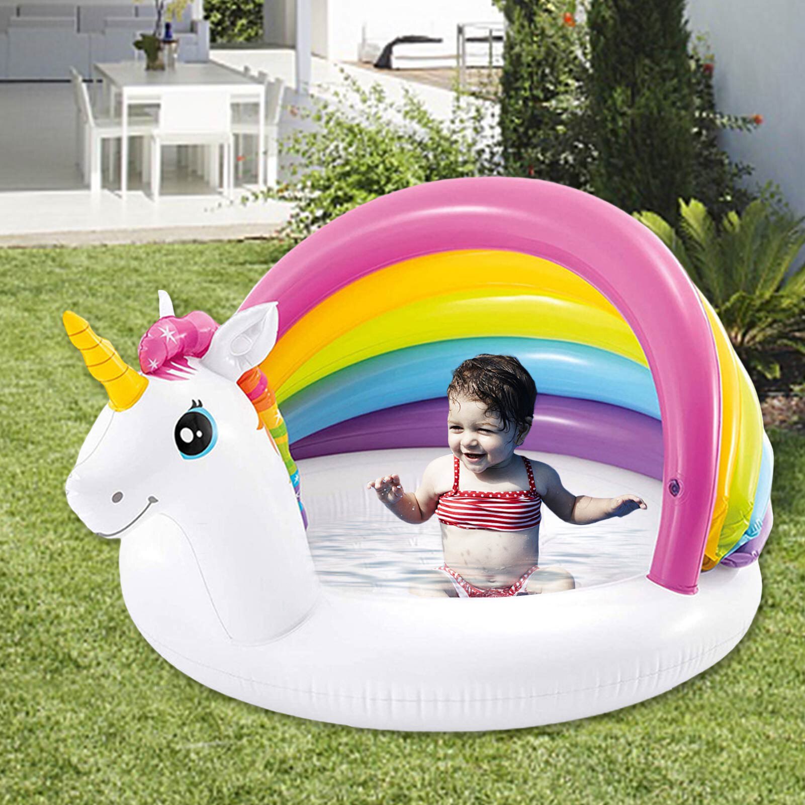 Baby Inflatable Swimming Pool Cute Unicorn Shape Awning Paddling Pool For Children Kids Backyard Garden