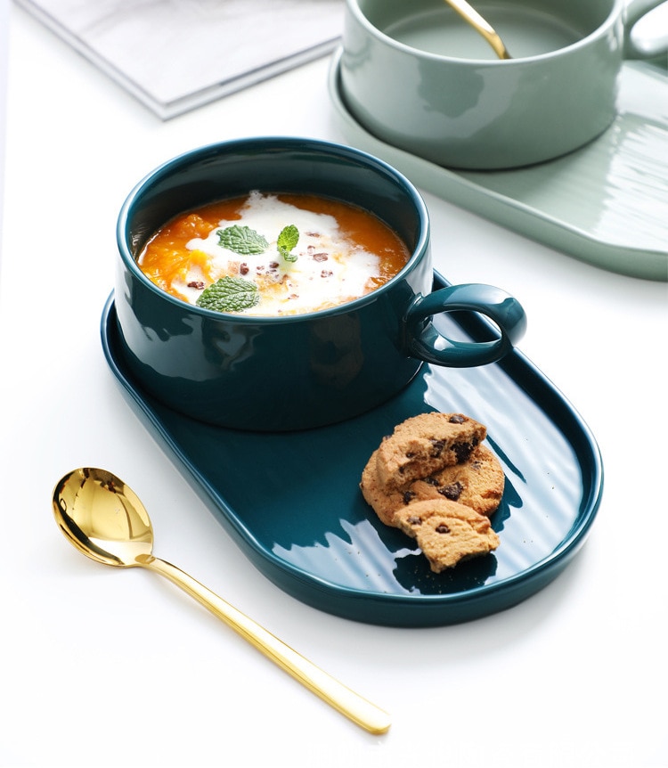 Dinner Plate Set Ceramic Kitchen Plate Tableware Set Food Dishes Rice Salad Noodles Bowl with handle Soup Kitchen Spoon Cook