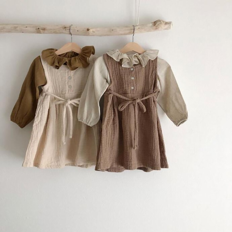 Camicetta a maniche lunghe girocollo in cotone e lino da bambina camicetta Casual tinta unita autunno giapponese per bambini WT022