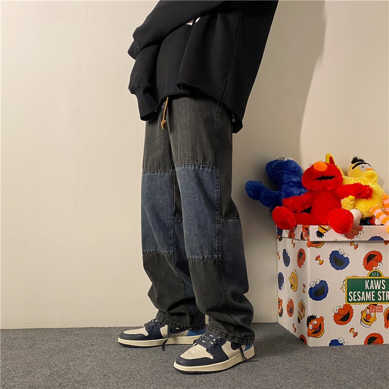 Jean Patchwork en Denim pour homme, pantalon noir et bleu, coupe décontractée, style Hip Hop, Baggy, droit, ample: Black / XXL