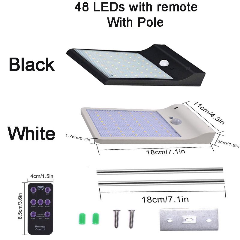 Solar Lamp 118 Led Pir Motion Sensor Lamp Buiten IP65 Waterdichte Solar Tuinverlichting Emergency Beveiliging Licht Zonne Wandlamp: 48 LEDs with Pole / Black body