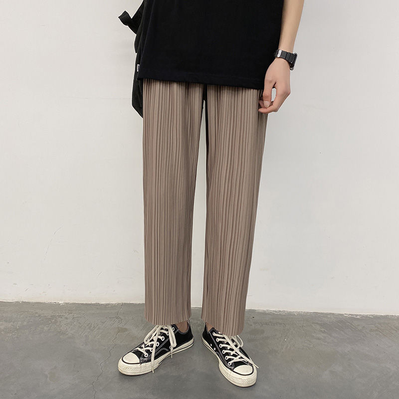 Sommer plisserede bukser herre ensfarvede lige bukser herre streetwear vilde løse koreanske fritidsbukser herre m -2xl: L / Khaki