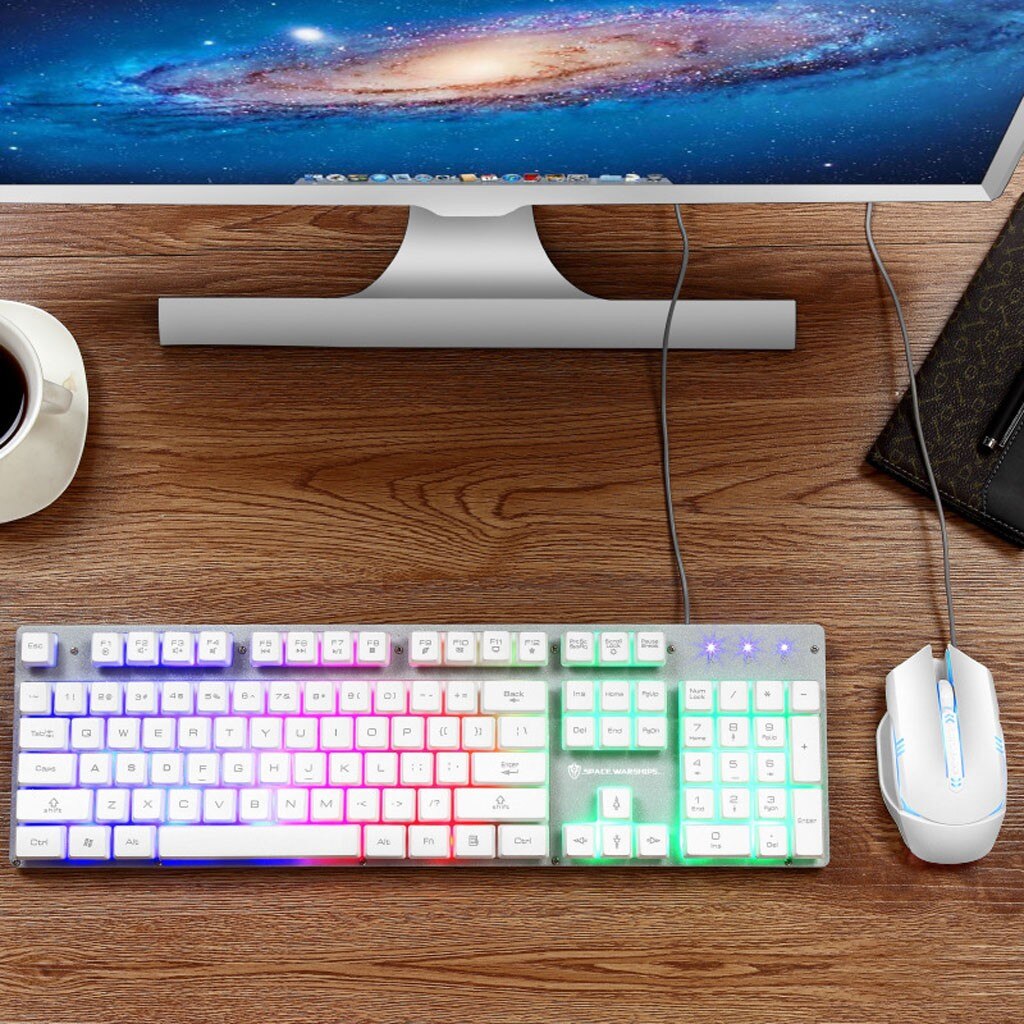 Cable Rainbow Backlit USB Interface for Game Mechanical Keyboard Ergonomics Game 104 Keyboard Mouse Kit USB Plug and Play