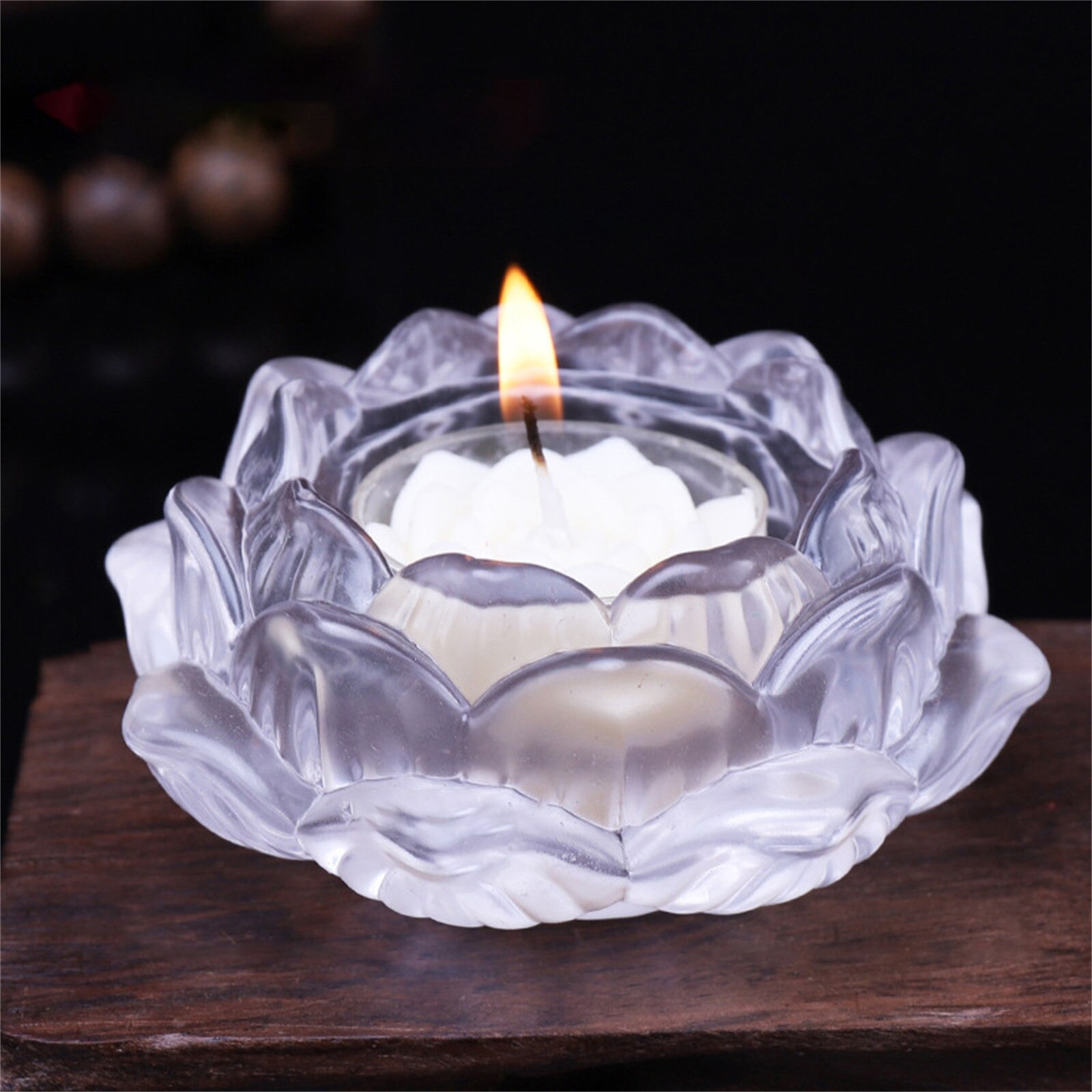 45#Crystal Glass Lotus Flower Candle Tea Light Holder Buddhist Candlestick Wedding Bar Party Valentine's Day Decor: Brown 