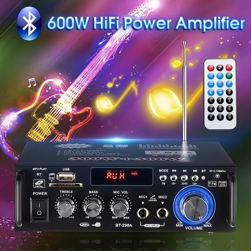 220-240V 600W Wireless Digital Audio Amplifier Bluetooth Stereo Karaoke Amplifier 2 MIC Input FM Home Theater Amplifier