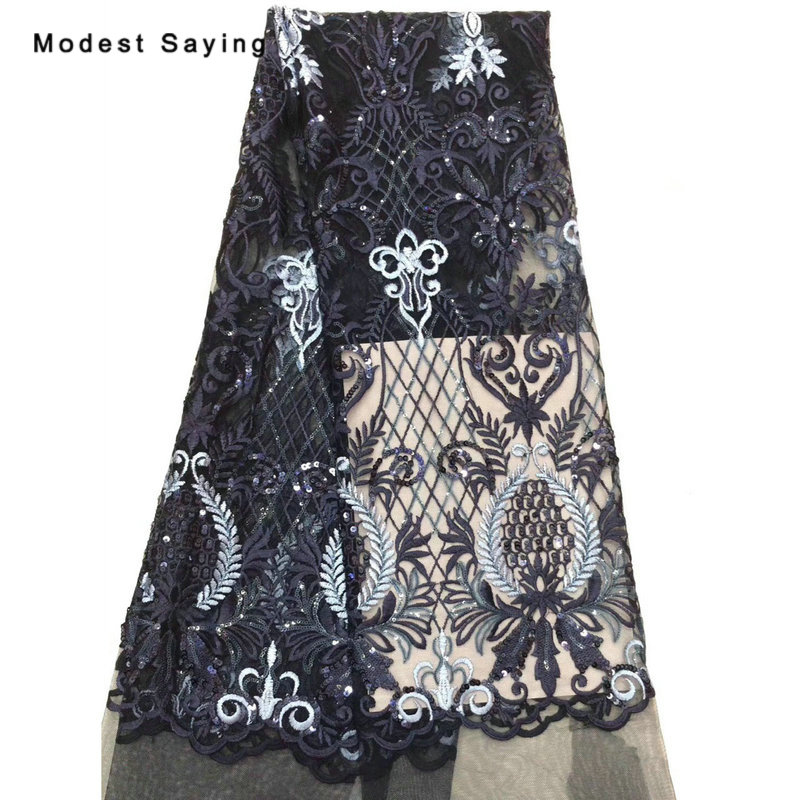 2 yards sort afrikansk sequined blonder stof til aften kjole broderet mesh nigeriansk fest prom tyl blonder materiale
