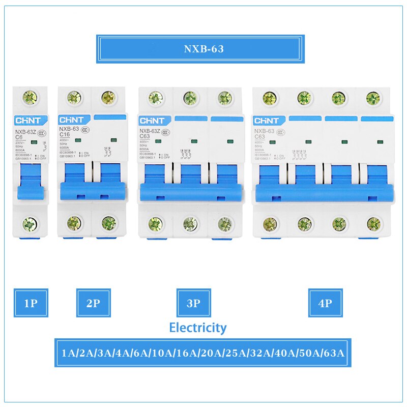 CHINT 2P air switch AC 230/400V NXB-63 C 6 10 16 20 25 32 40 50 63A Load protector Short circuit trip DZ47