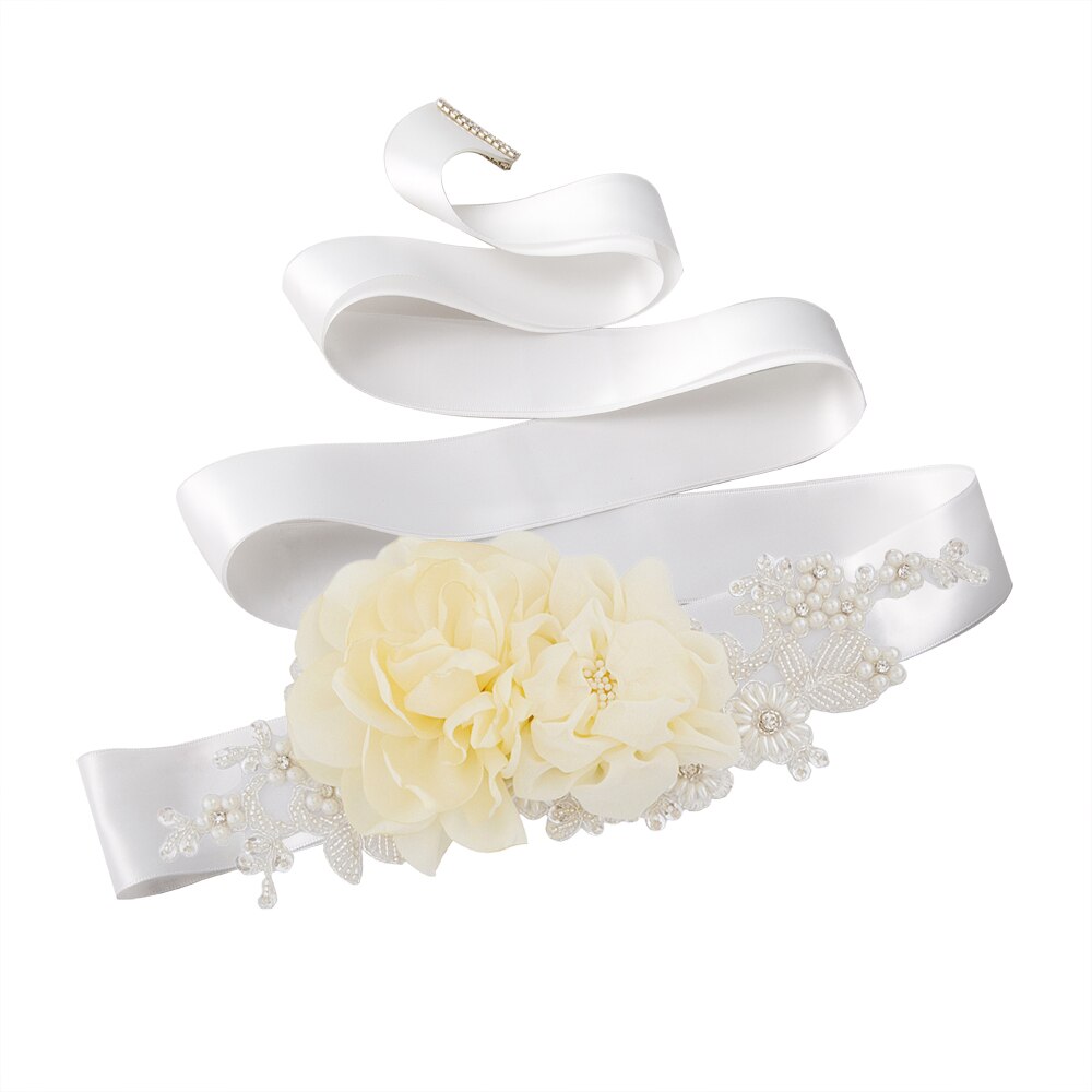 Zms 172 bloemenriem voor bruiloft, lange feestjurk, zwangerschapsjurk, kralenriemen, blauwe bruidsaccessoires, damesriemen: Wit