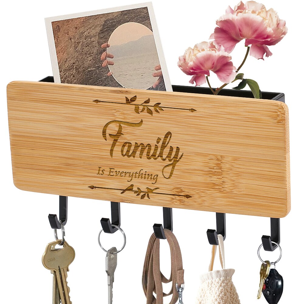 Colgador de llaves de tablero de bambú con letras grabadas, 5 ganchos para pared, puerta trasera, decoración del hogar, exquisitos estantes para llaveros: 194 BK
