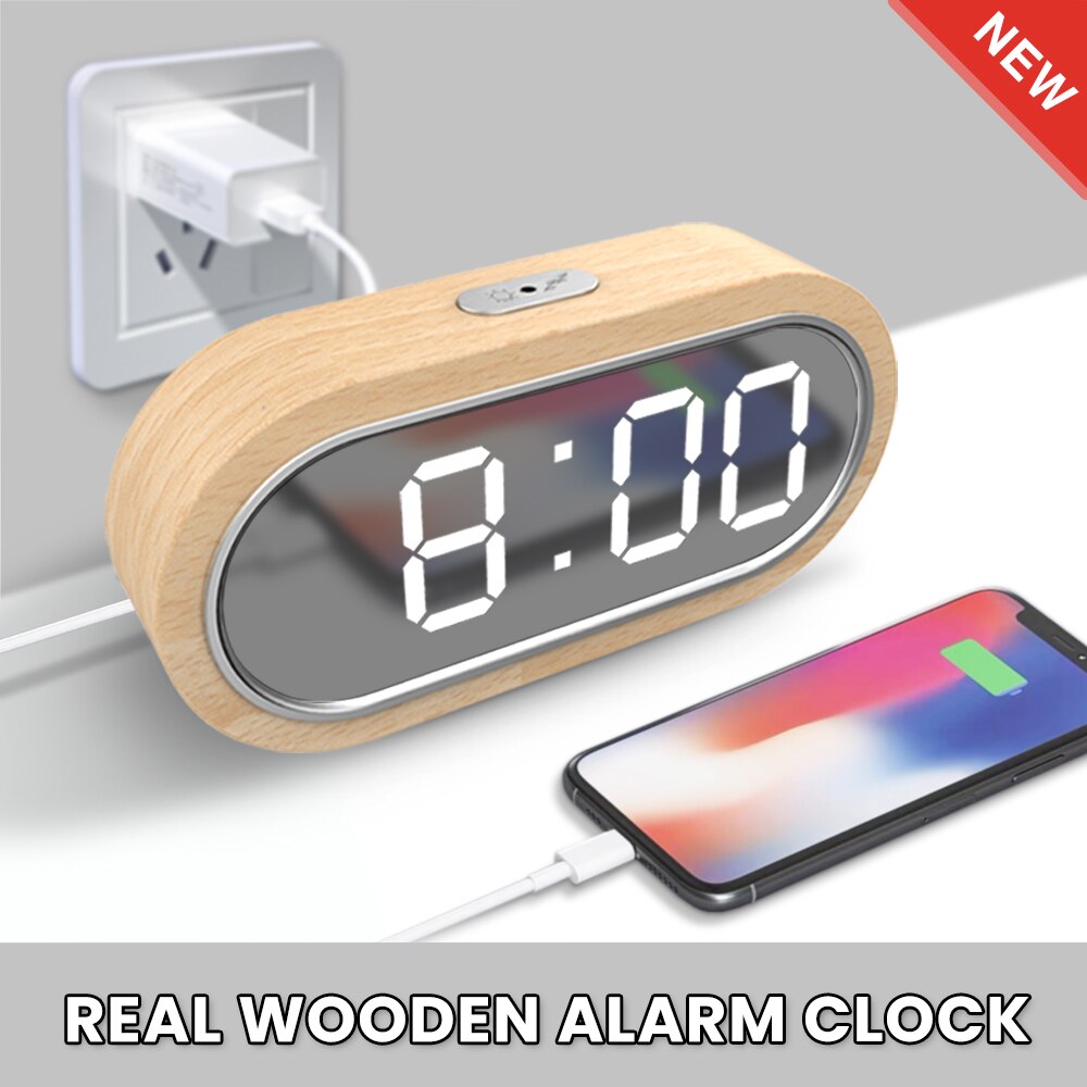 Digitale Klok Alarm Snooze Tafel Thermometer Elektronische Usb Charger Led Spiegel Houten Horloge Woonkamer Bureau Klokken Aaa Aangedreven