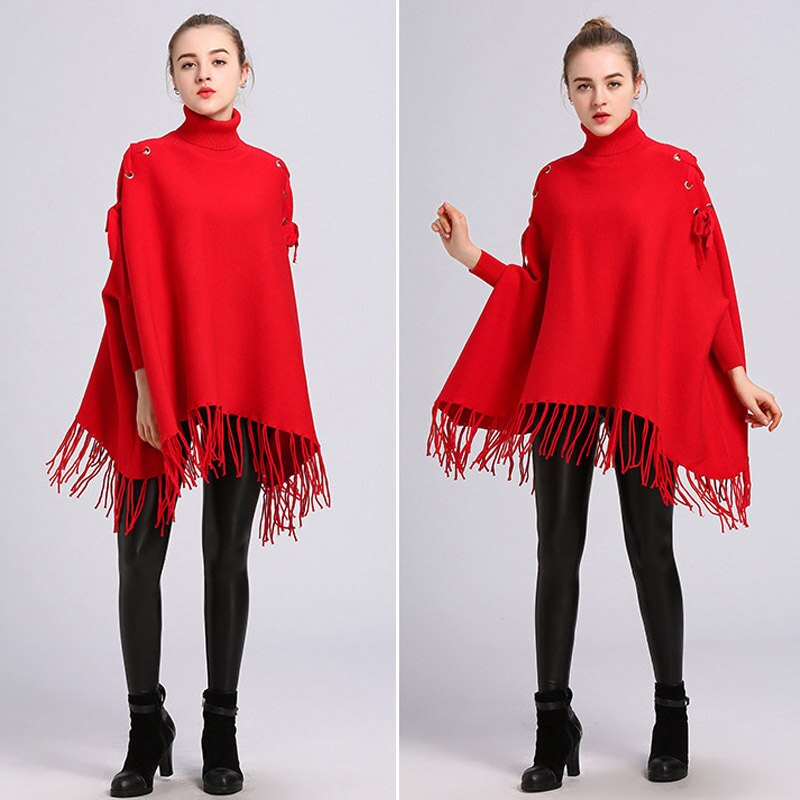 Noyau filé glands attache pull à col roulé en vrac manches chauve-souris pull Cape femmes automne hiver Poncho manteau: Rouge
