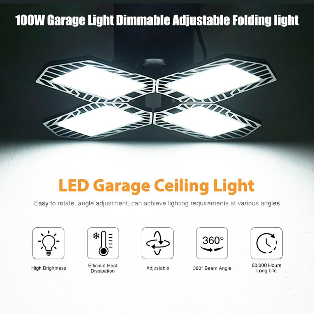 100W Garage Light Remote Control Bluetooth APP Control 3000K-6500K 10000LM Four Leaf Dimmable Adjustable Smart Folding Light