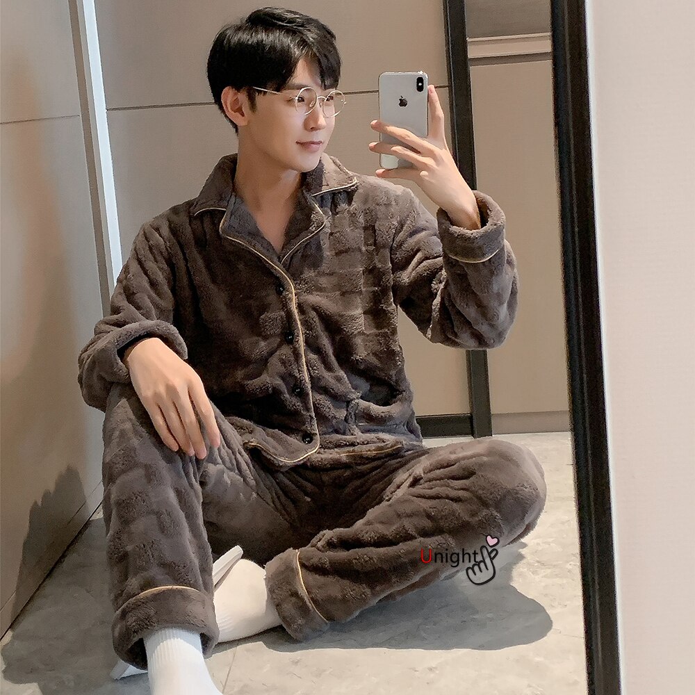 Pijamas gruesos de franela cálida para hombre, ropa de dormir larga, de lana Coral, para el hogar, 3xl, 4XL, Otoño e Invierno