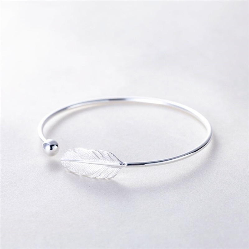 Sweet Feather Leaf 925 Sterling Silver Temperament Personality Female Trendy Resizable Opening Bangles SBR004