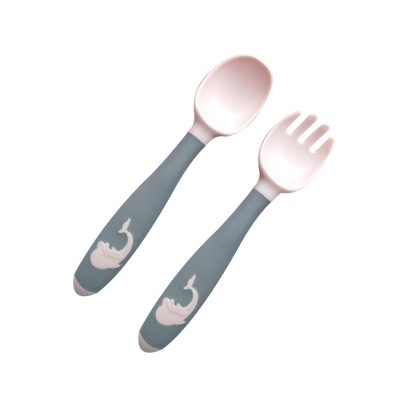 1 Set Baby Children Spoon Fork Set Soft Bendable Scoop Fork Kit Tableware Toddler Cartoon Training Feeding Cutlery: Powder gray