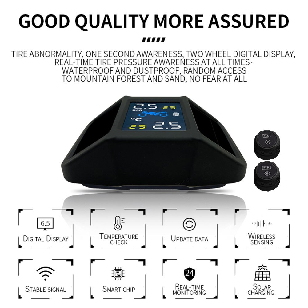 Real-time Display Solar Power TPMS With 2 External Sensor Motorcycle Tire Pressure Monitoring System Pressure Temperature Alarm