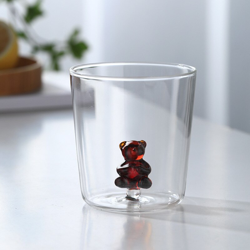 3D Animal Glass Water Cup Cute Modeling Household Simple Glass Coffee Juice Drink Milk Cup Home Desktop Accessories: Red bear