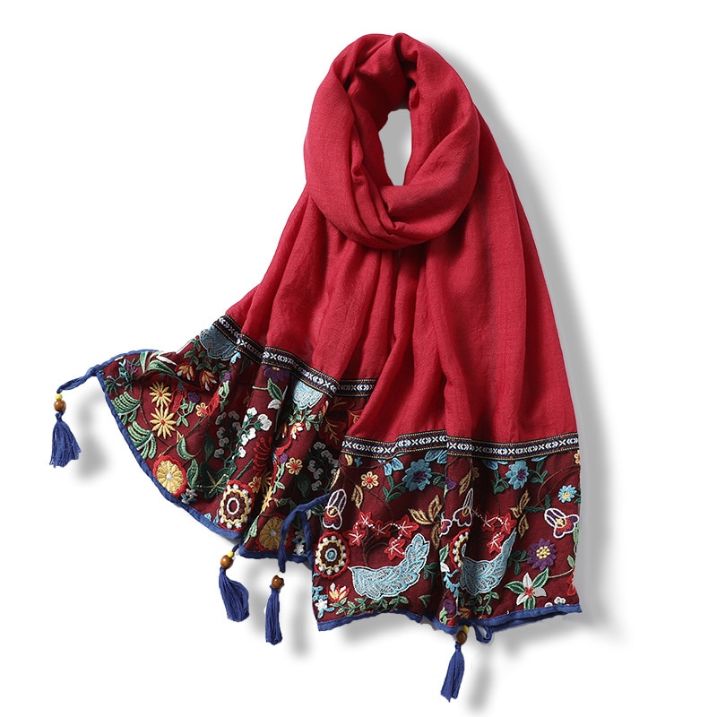 Blondebroderi bomuldstørklæde kvinder vintage blomsterprint sjaler og omslag solide kvaster pashmina dame foulard hijab femme
