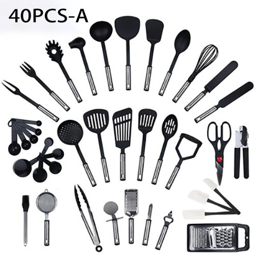 Utensilios de cocina de acero inoxidable, juego completo de espátula antiadherente de nailon, cuchara, suministros de cocina: 40PCS-A