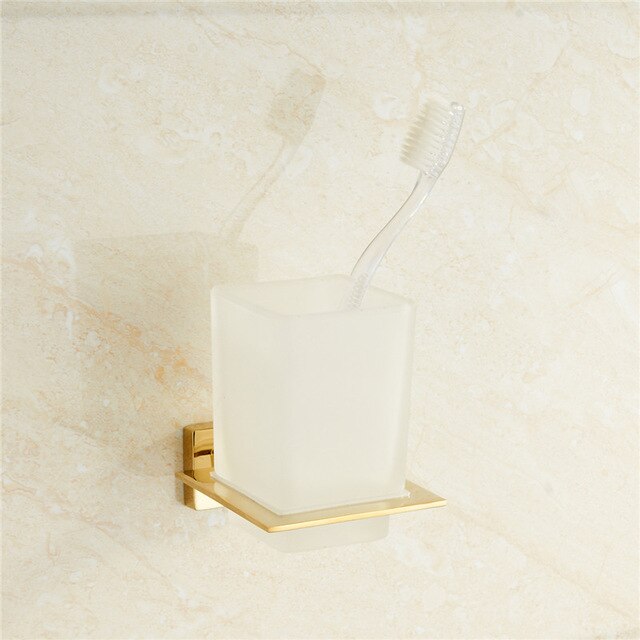 Toallero, barra de toallas, juego de herramientas de acero inoxidable dorado, gancho para batas, taza de cepillos para el baño, jabonera, accesorios para el baño: Cup holder