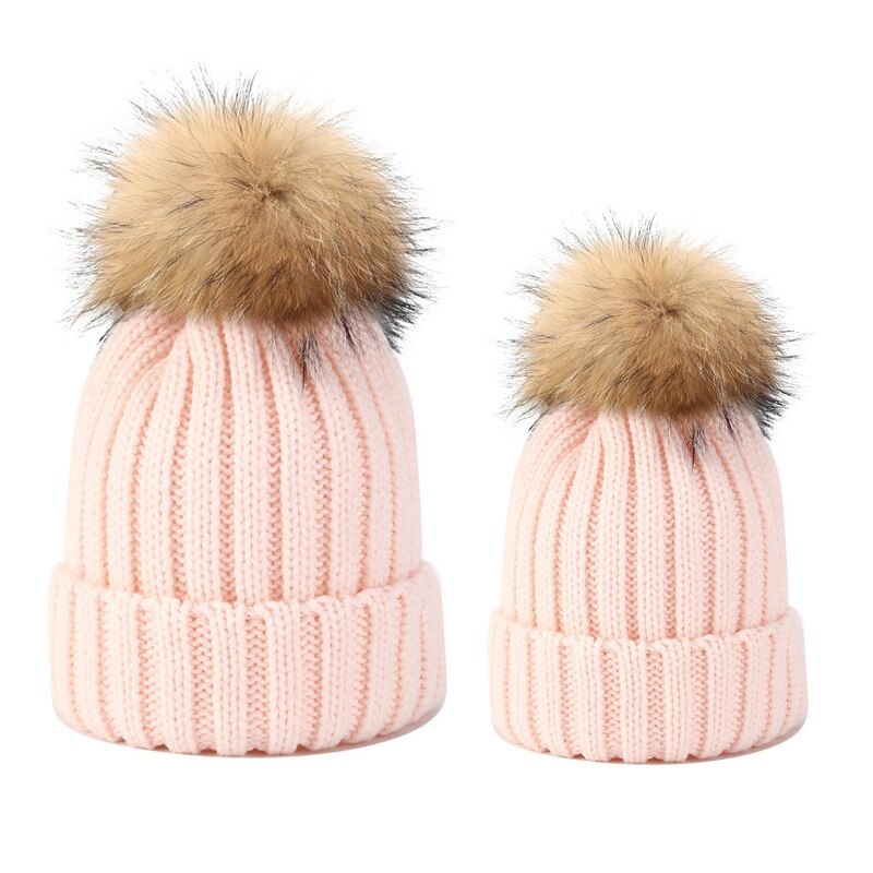 2 stuks gebreide mutsenset voor ouder en kind, wintermuts met pompon en doodshoofd: Roze