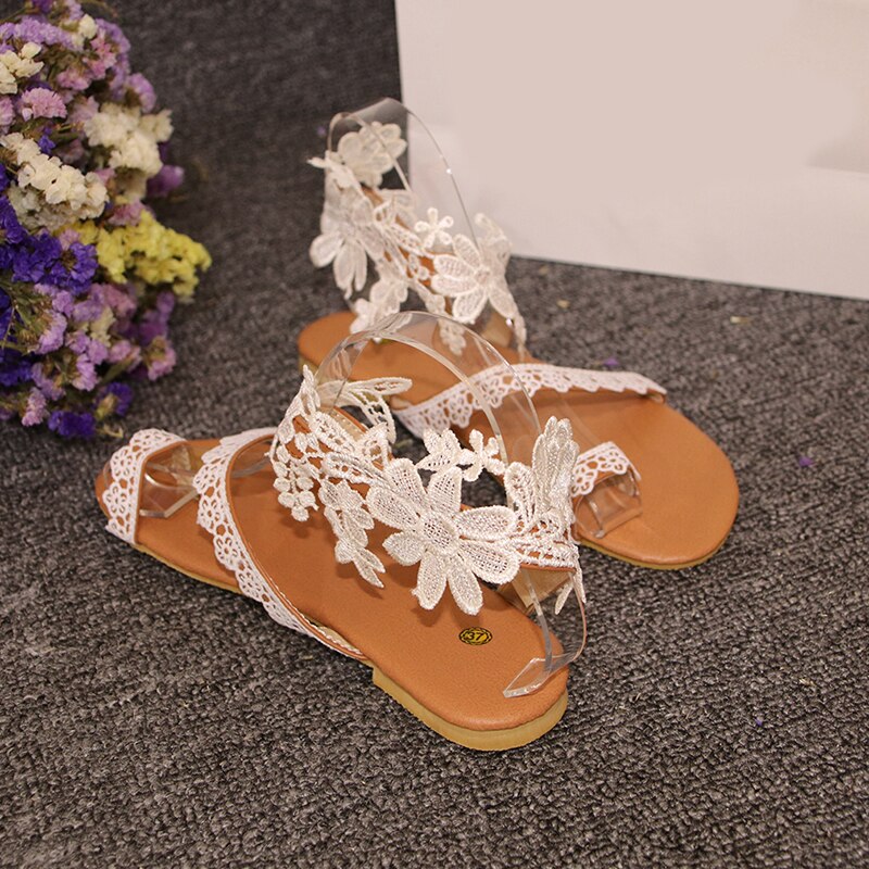 Women Flat Lace Sandals Open Toe Flower Flat Heel Sandals White Bridal Peep Toe Summer Shoe Flat Beach