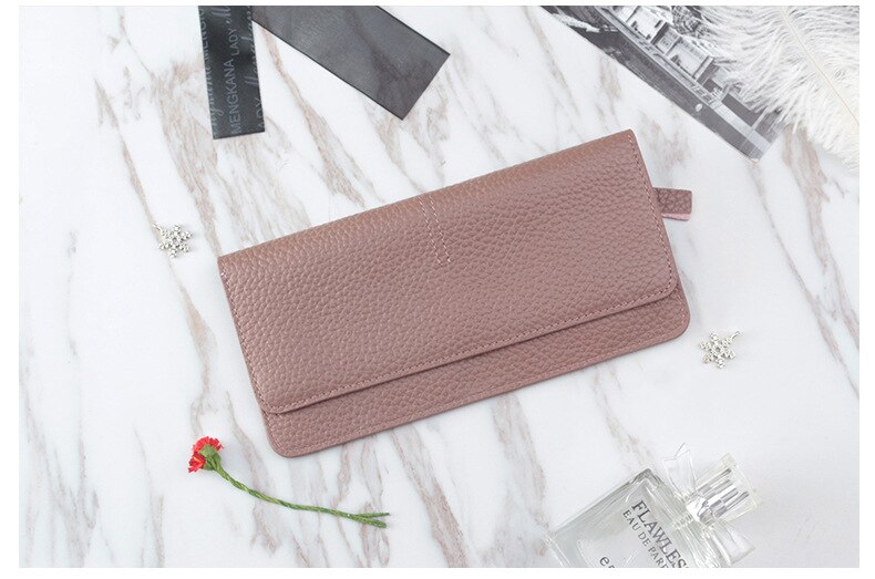 Ladies simple flat card holder wallet Genuine Cow Leather long wallet for women Simple classic couple Leather Wallet: Pink Long