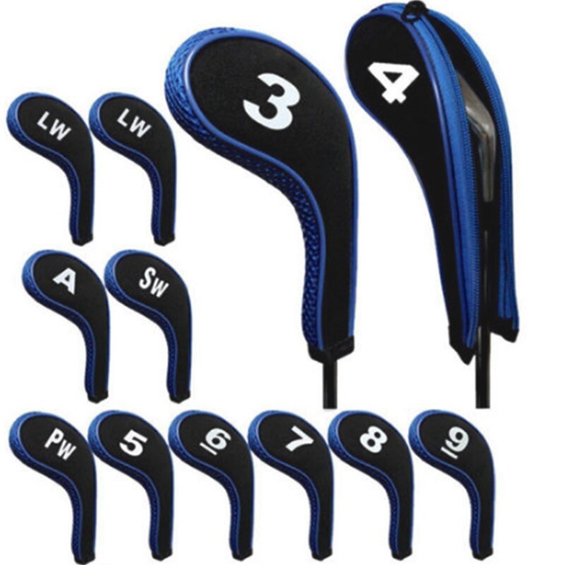 Alta qualidade 12 pçs de borracha neoprene golf club head cover ferro putter com zíper longo pescoço proteger conjunto número impresso: Blue