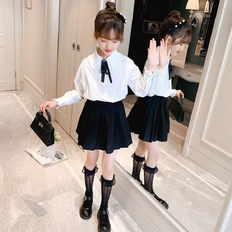 Camisetas de estilo Preppy para niña, ropa de otoño, camisa de manga larga de algodón para niña, ropa para niño, Tops con lazo para adolescentes para 6 8 10 años