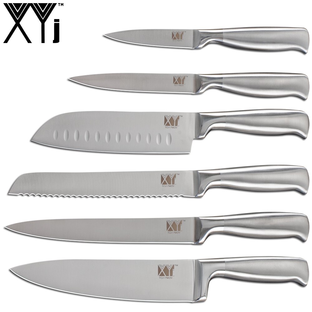 XYj-Juego de cuchillos de cocina de acero inoxidable, rebanador de pan de Chef, Santoku, Utilidad de pelar, soporte de cuchillo de acero inoxidable