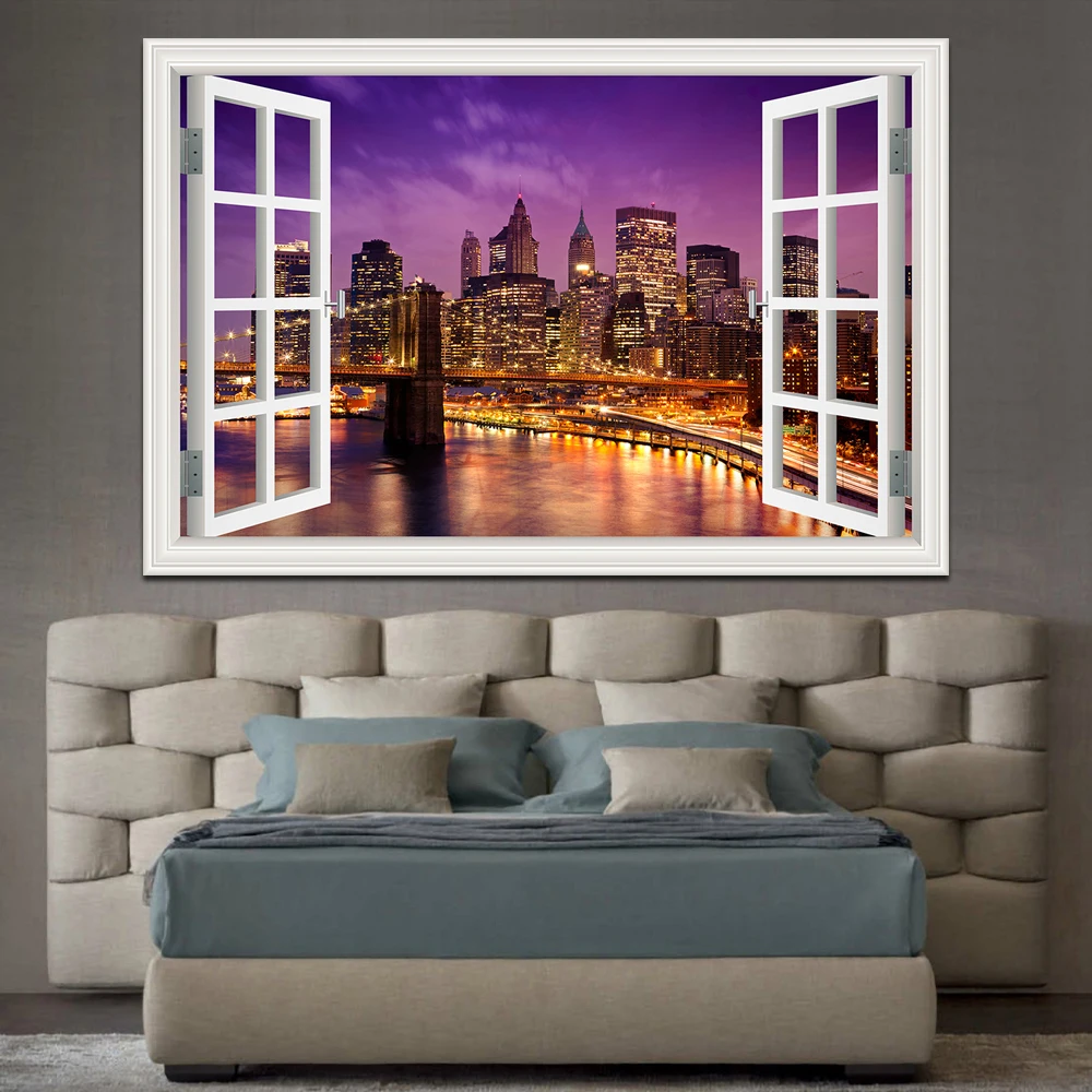 3D Window View wall Sticker York Brooklyn Removable Night Wall Art Wallpaper Kitchen Room decor aesthetic poster prints