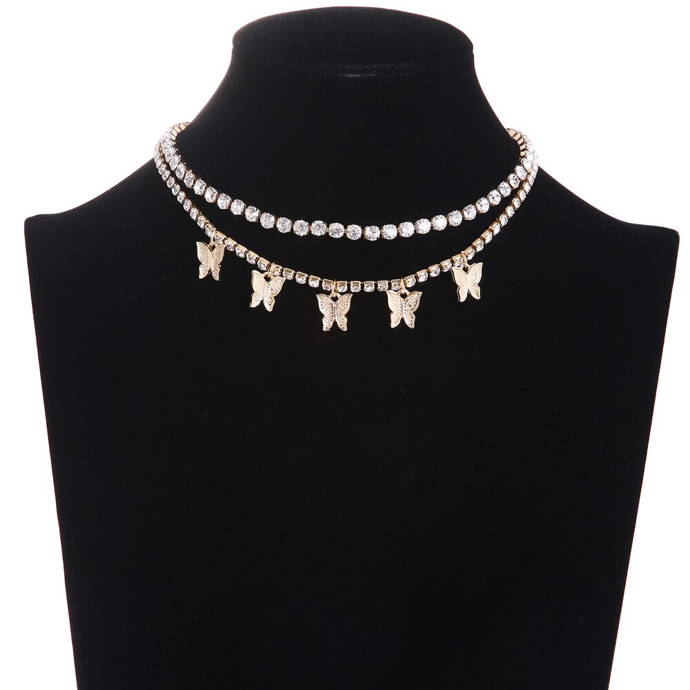 Rhinestone Butterfly necklace set charms crystal choker necklace for women Tennis Chain Trendy Luxury jewelry: gold color