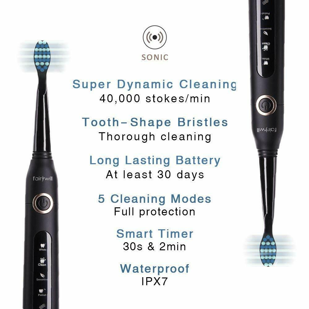 Fairywill Electric Toothbrush FW-507 USB Charger IPX7 Waterproof 5 Mode Sonic Electric Toothbrush Timer Brush with 8 Brush Heads
