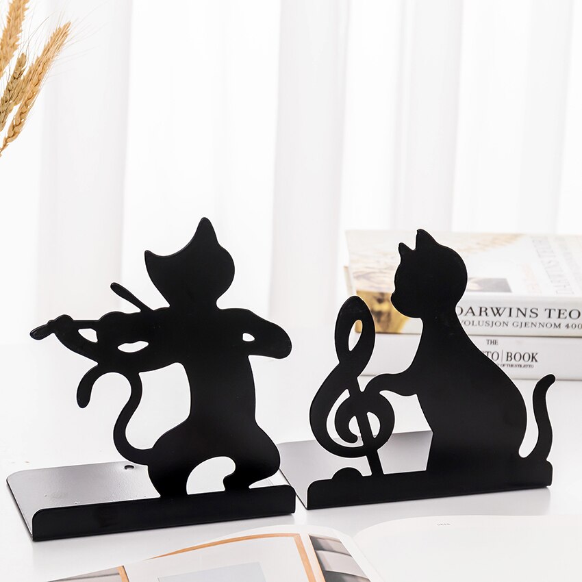 Sujetalibros de Metal con forma de gato, soporte decorativo para libros, color negro, y la Oficina para el hogar, 1 par