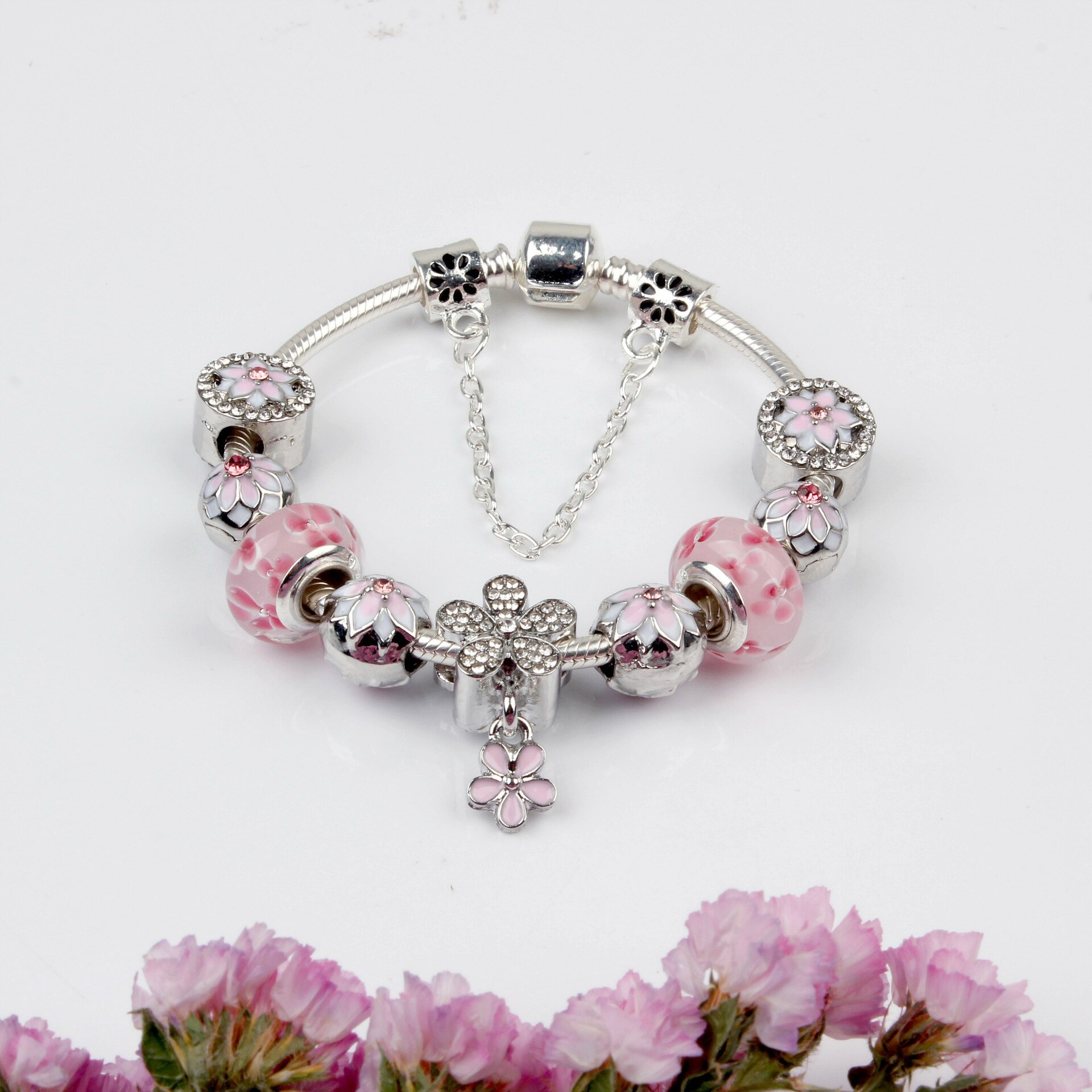 European and American Fresh Magnolia Bracelet Panjia Pink Daisy Snake Bones Chain Bracelet DIY Glass Beads Beaded Ornament