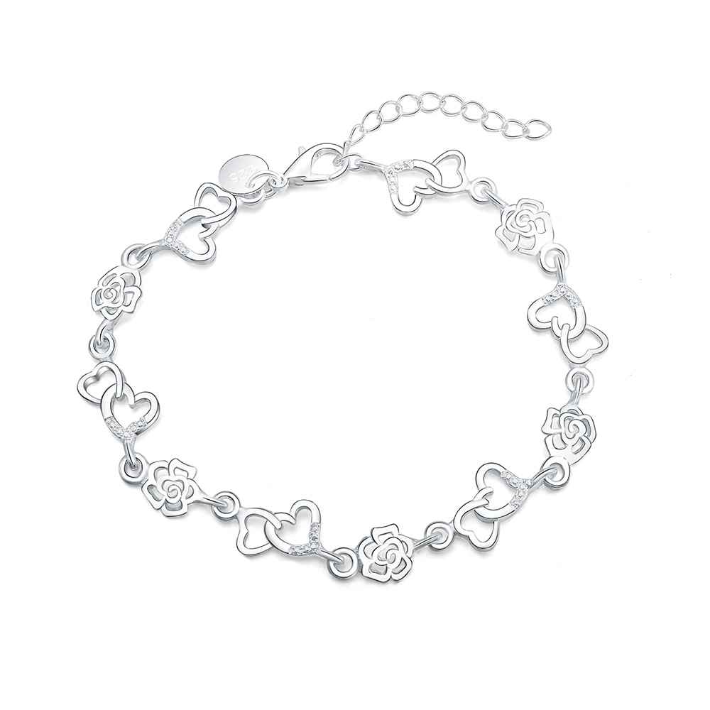Beautiful 925 Sterling Silver Bracelet for women bracelet HEART lovely FLOWER chain Wedding Party cute lady nice jewelry