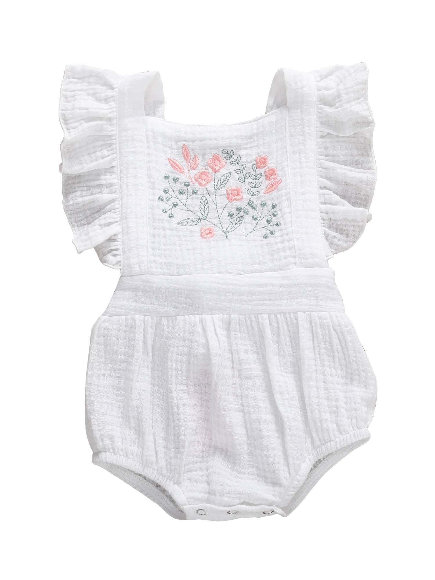 Baby sommer tøj 0-18m nyfødte baby pige jumpsuit bomuld linned kort flæse ærme sunsuit broderi blomster bodysuit