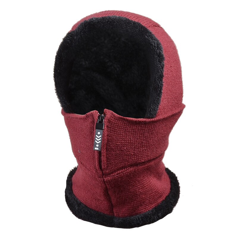 Winter Girl Knitted Hat Fleece Hood Thermal Face Cover with Zip Hat Vogue Neck Warmer Ski Riding Snow Cap Beanie Outdoor: Maroon