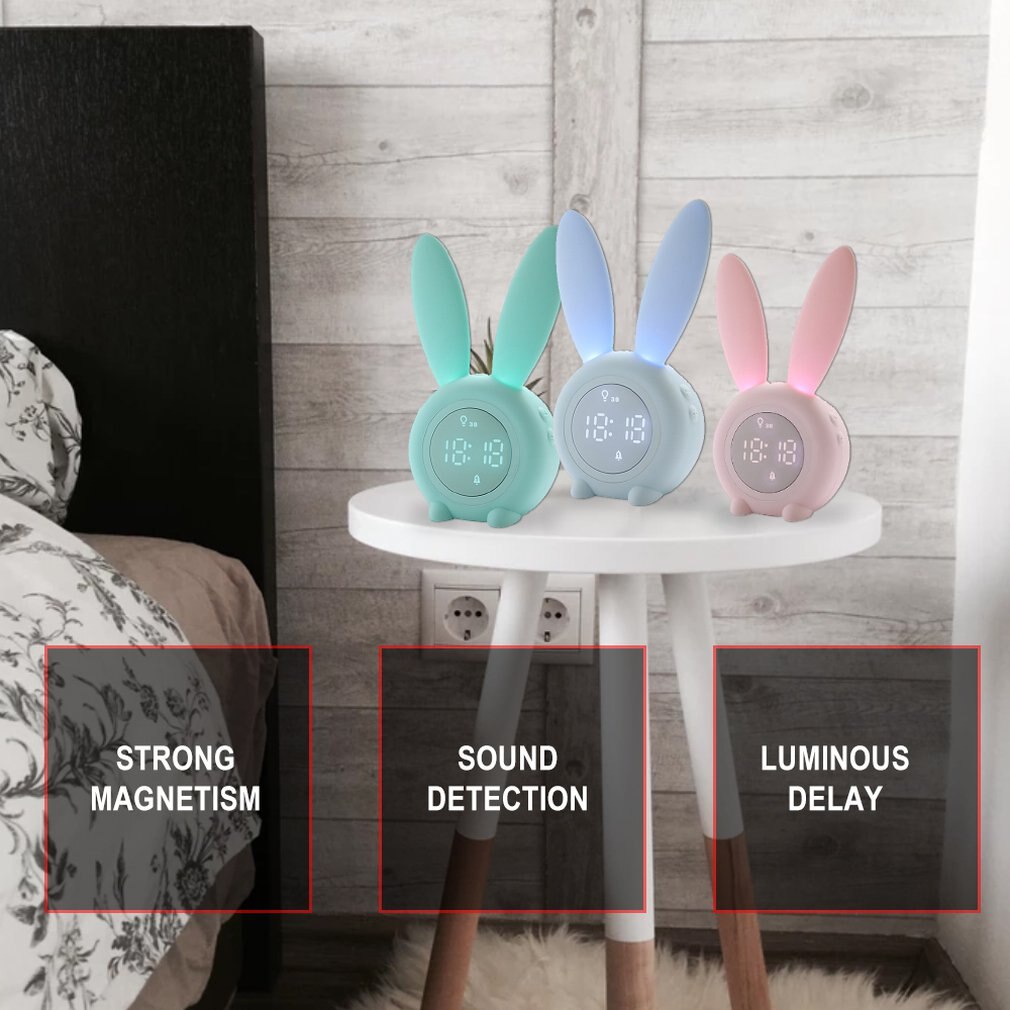 Portable Cute Rabbit Shape Digital Alarm Clock With Led Sound Night Light Function Table Wall Clocks For Home Decoration