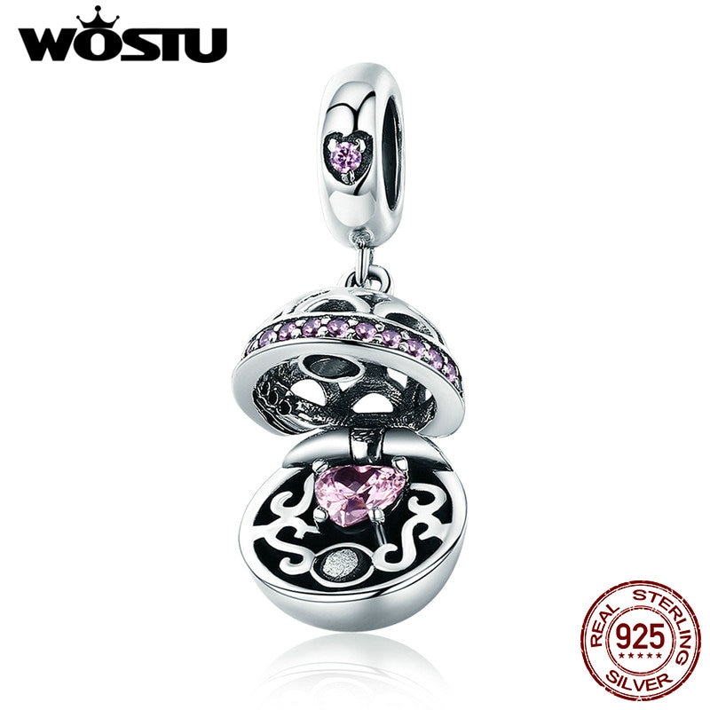 WOSTU Original 925 Sterling Silver Love Box Pink CZ Charm Pendants Fit Charm Bracelet Necklace Jewelry Making CQC689