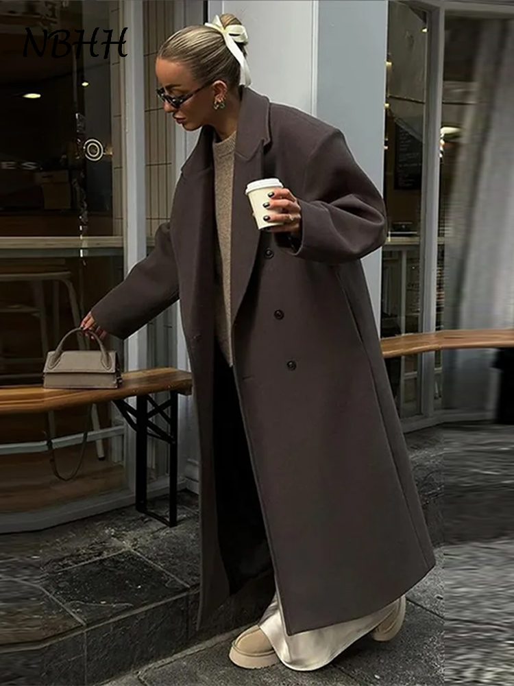 Damull långa kappor slag dubbelknäppta långärmade bruna överrockar höst vinter dam pendlingskläder ytterkläder