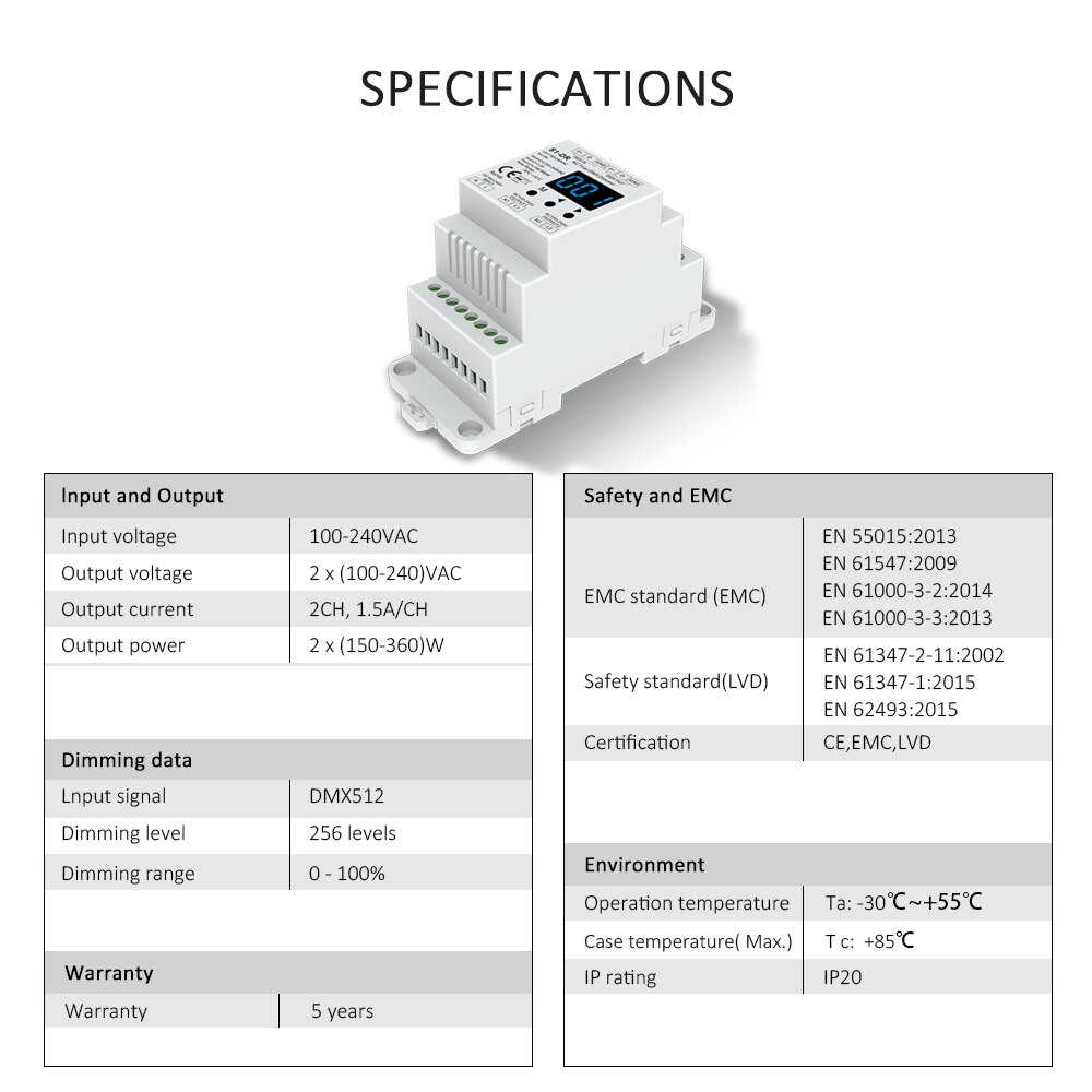 DMX512 Led Dimmer 220V 230V 110V 2 Kanaals Dimbare Ac Triac Rdm Dmx Controller Trailing Edge Din rail Lamp Licht Dimmer S1-DR