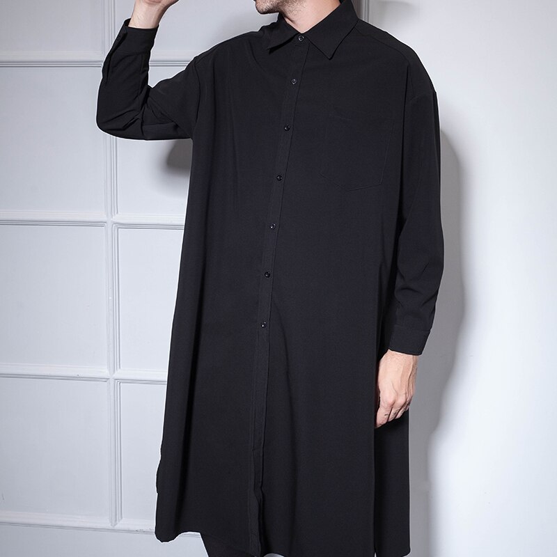 Super Lange Mannen Lange Mouwen Over De Knie Lange Shirt Europese En Amerikaanse Street Style Losse Hip hop Persoonlijkheid Jeugd