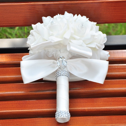 Romantisk bryllupsbuket brudepige bryllupsdekoration skum blomster rose brude buket hvid satin bedrift blomster: Hvid