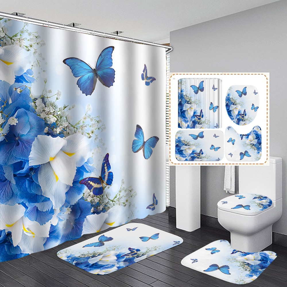 Bellissimo motivo floreale tenda da doccia tessuto impermeabile farfalla blu tende da bagno Set piedistallo coperchio copriwater tappetino: 4 PCS