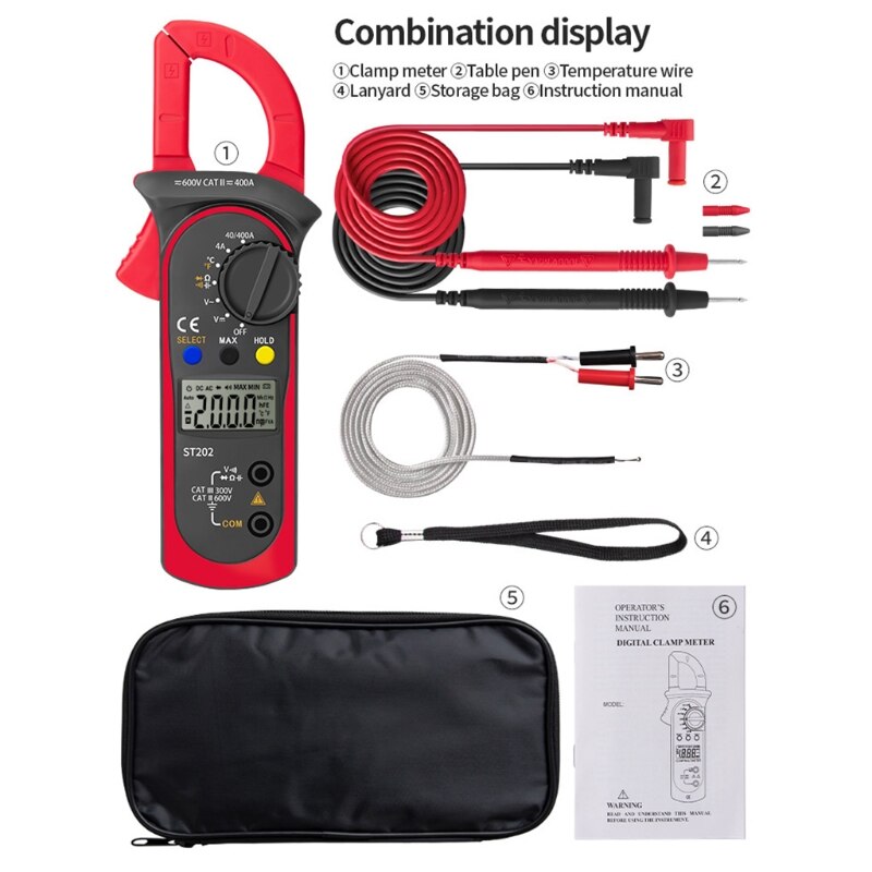 Digital Clamp Multimeter Lcr Clamp Meter with Temperature AC/DC Current Voltmeter Resistance Ohm Transistor Tester ST202