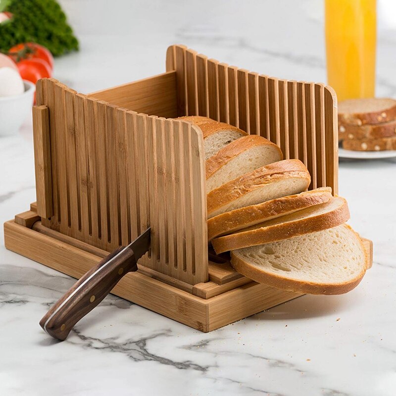 Guía de corte de rebanadora de pan de bambú-cortador de pan de madera para pan casero, pasteles de pan, bolsas plegables y compactas con migas