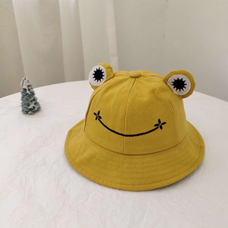 Sombrero de rana lindo para mujeres niños adultos de dibujos animados de algodón, sombrero de cubo, gorra de Hip Hop, protector solar de verano, sombrero de pescador, gorras de playa: kid 43-48cm yellow